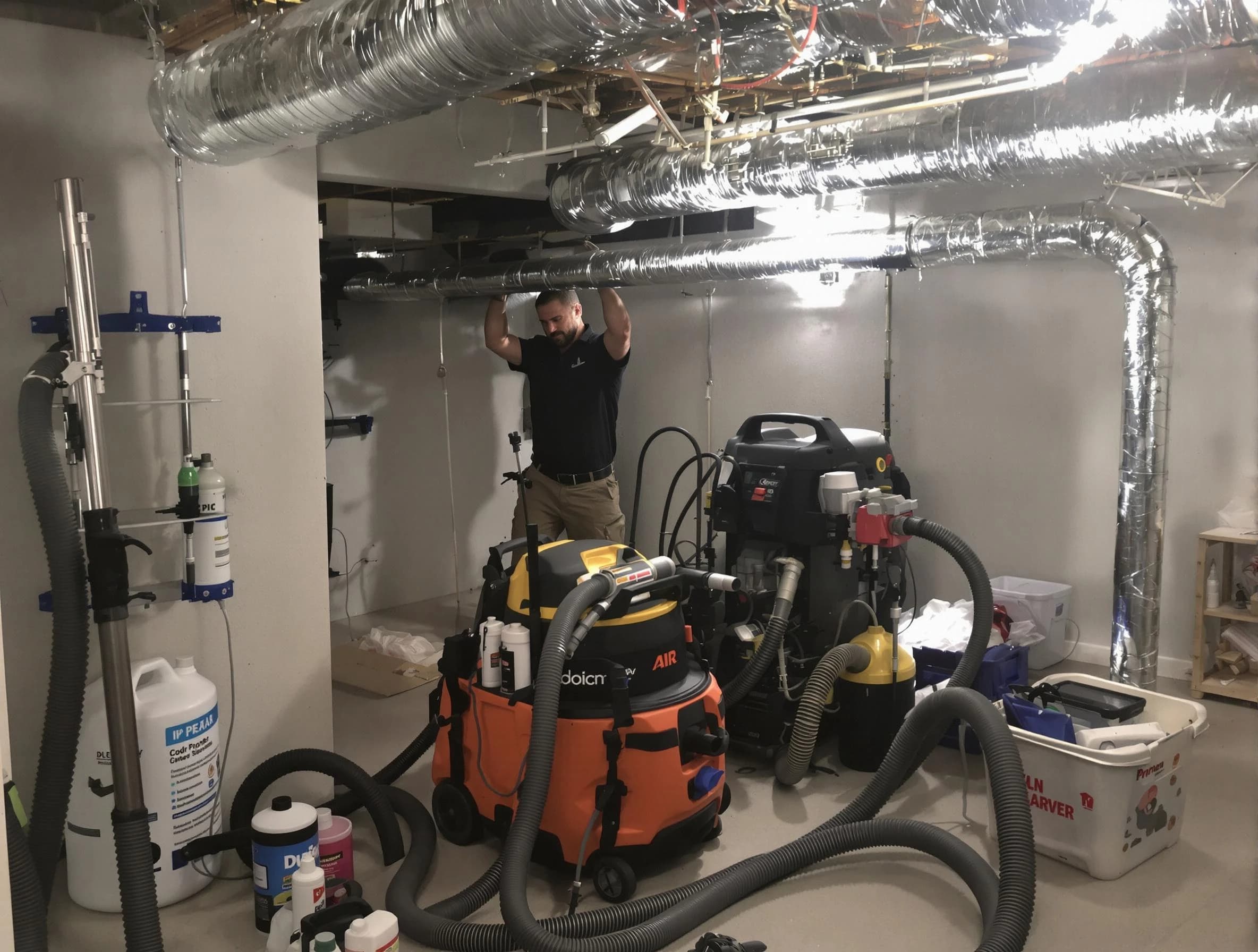 Boston Air Duct Cleaning specialist performing professional mold removal from air ducts using safety equipment in Boston