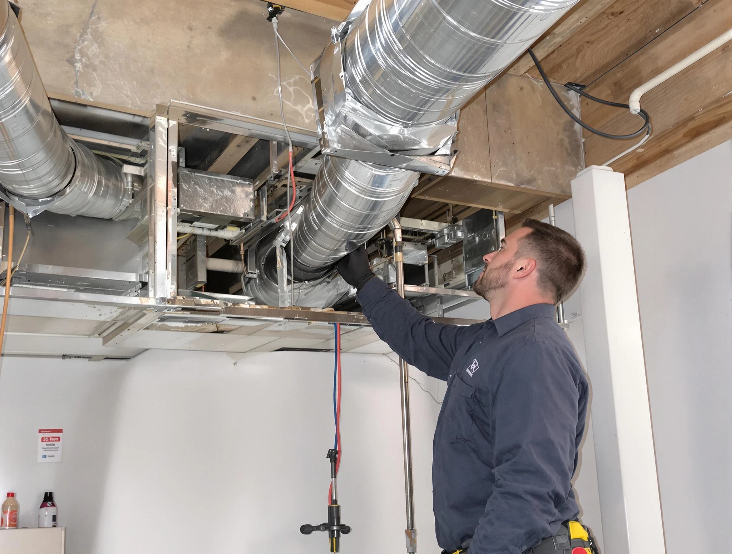 Boston Air Duct Cleaning technician performing professional air duct repair using specialized tools in Boston