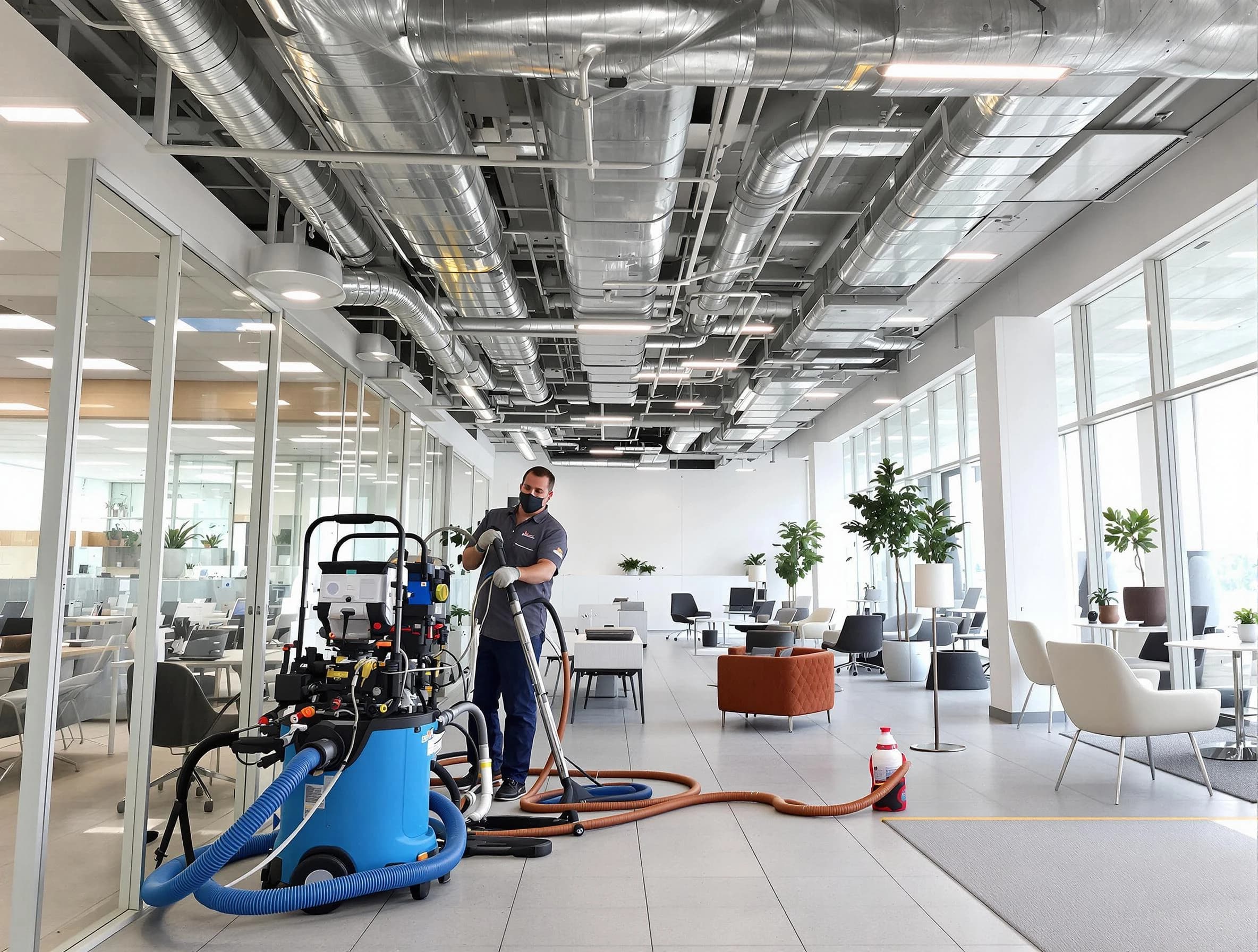 Boston Air Duct Cleaning team conducting comprehensive commercial duct cleaning at a business location in Boston