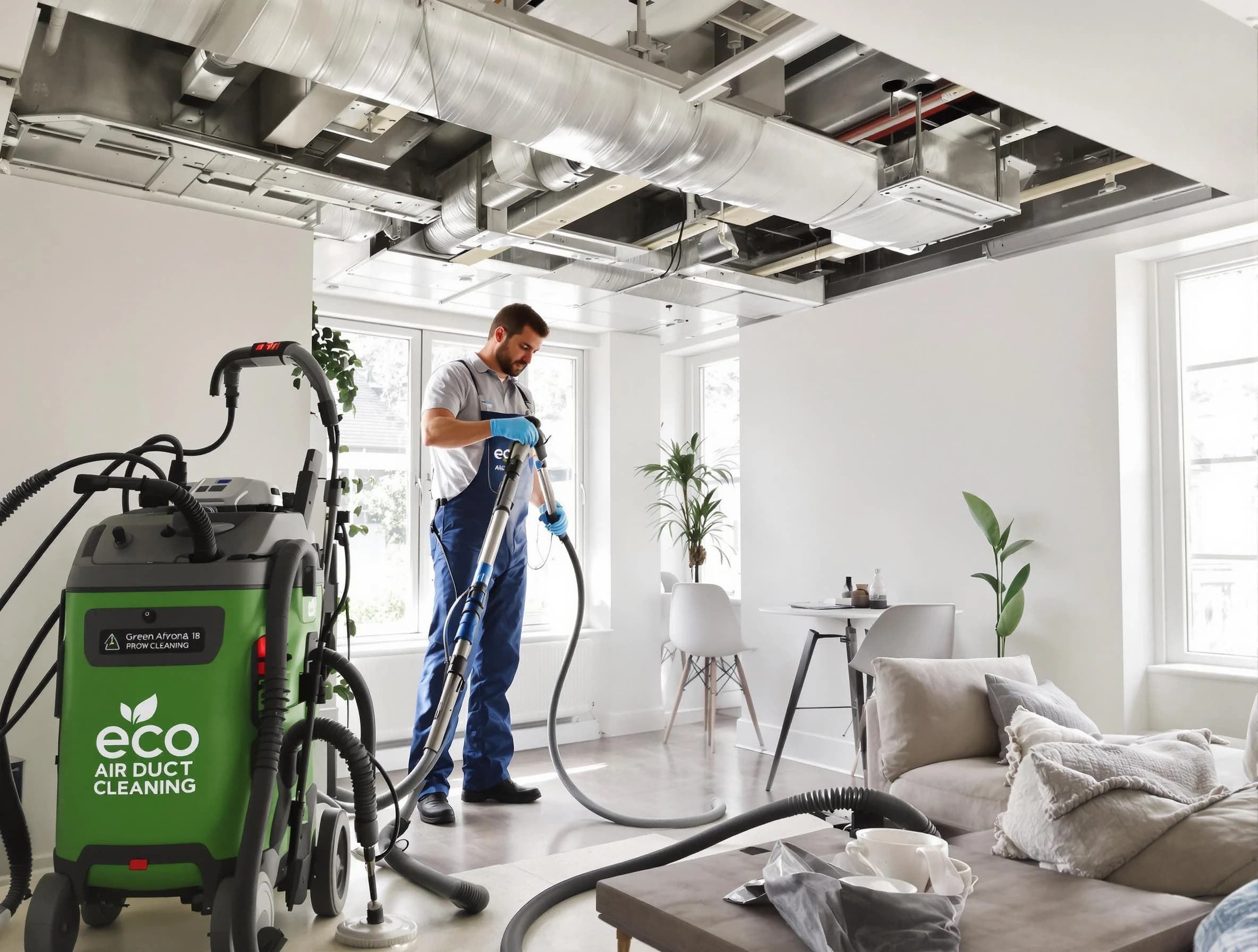 Boston Air Duct Cleaning technician performing eco-friendly duct cleaning using sustainable methods in Boston