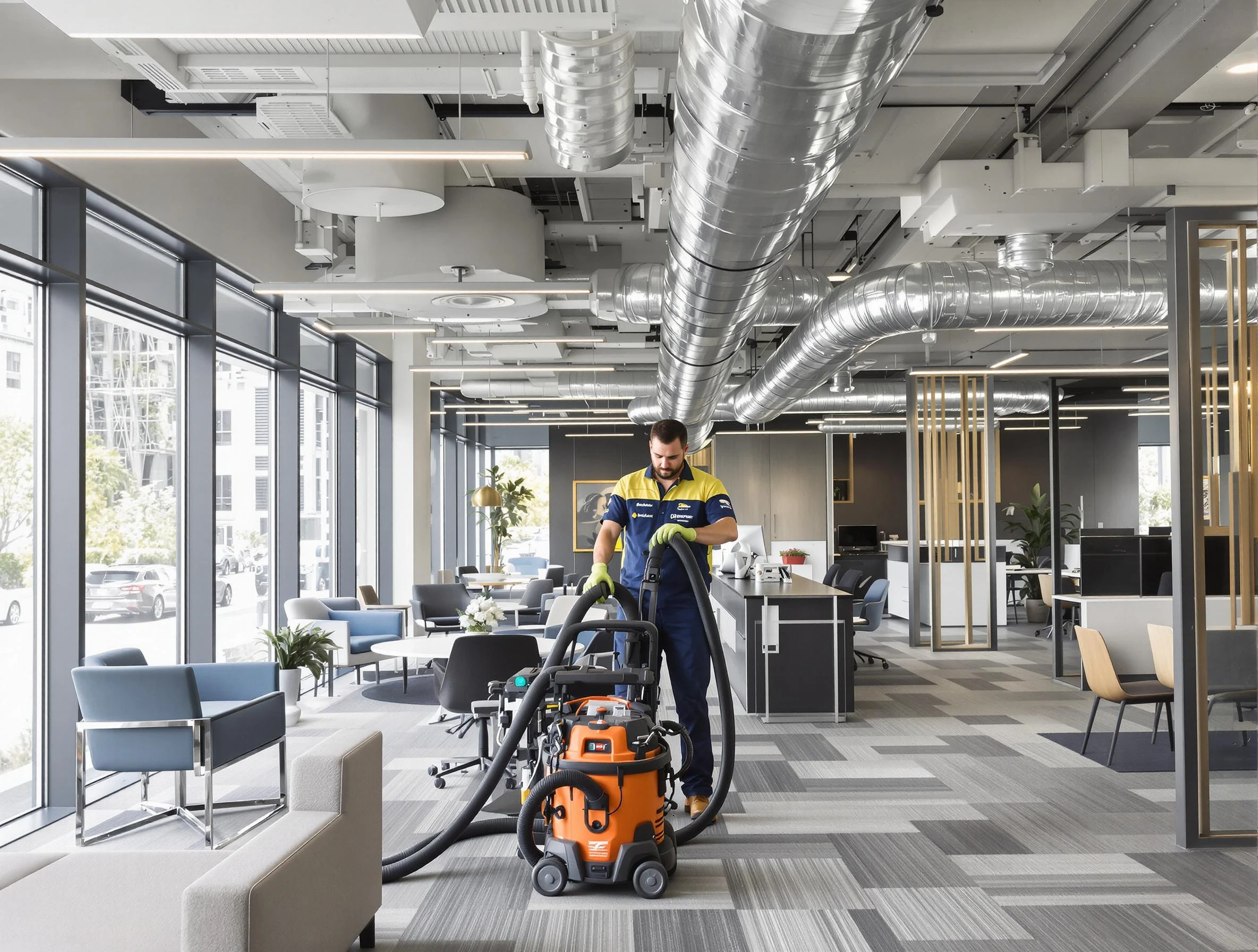 Boston Air Duct Cleaning team performing thorough commercial duct cleaning at a Boston business center